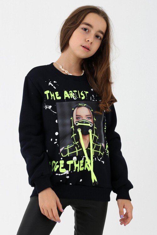 Yazı Baskılı Bisiklet Yaka Kız Çocuk Sweatshirt 14145