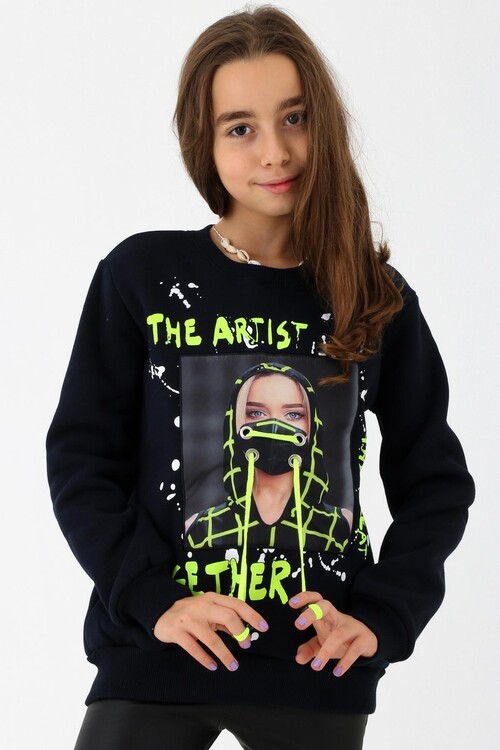 Yazı Baskılı Bisiklet Yaka Kız Çocuk Sweatshirt 14145