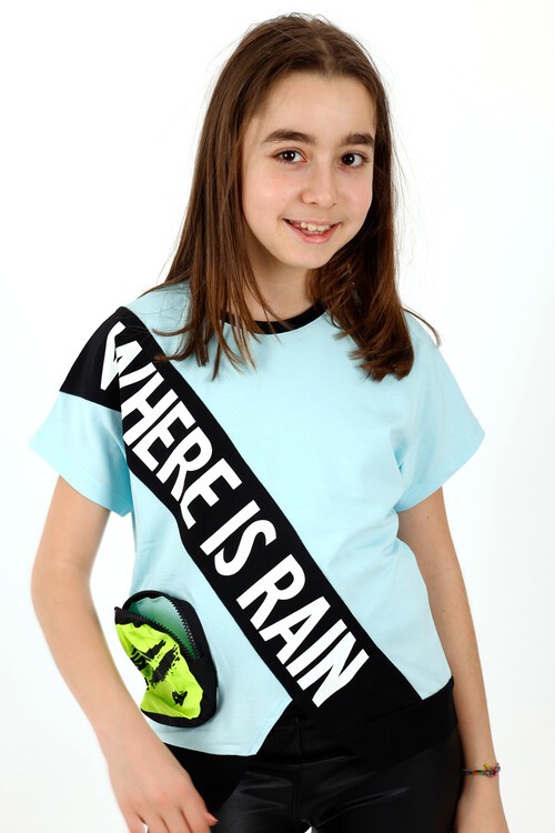 Kız Çocuk Garnili Yarasa Kol Tshirt 10-15 Yaş 13982