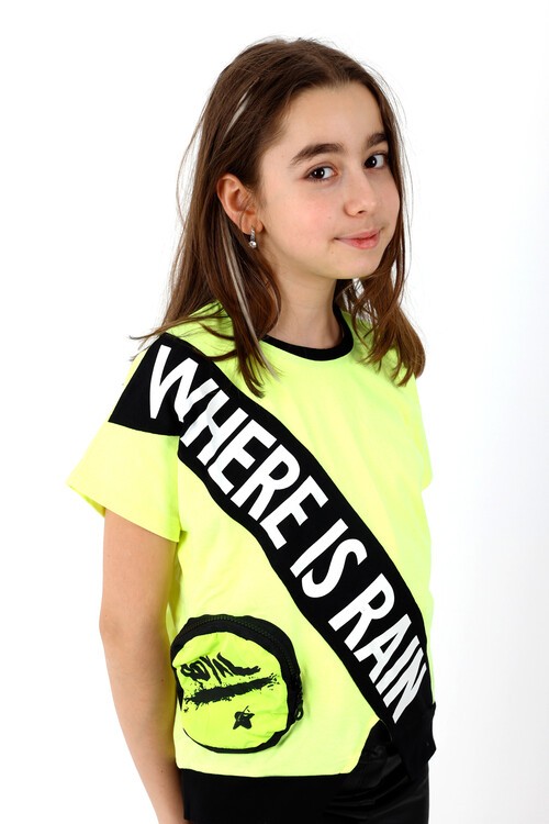 Kız Çocuk Garnili Yarasa Kol Tshirt 10-15 Yaş 13982