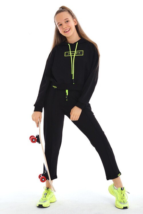 Kız Çocuk Girl Yazı Baskılı Kapşonlu Takım 14173