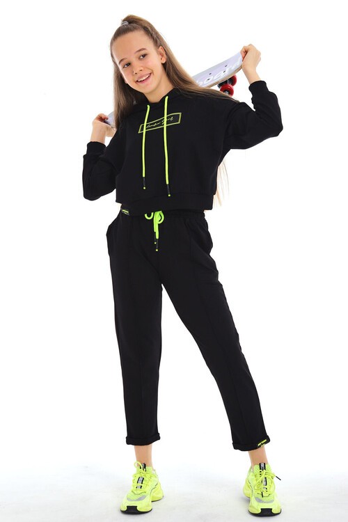 Kız Çocuk Girl Yazı Baskılı Kapşonlu Takım 14173