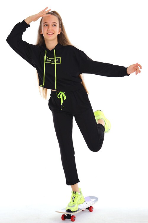 Kız Çocuk Girl Yazı Baskılı Kapşonlu Takım 14173