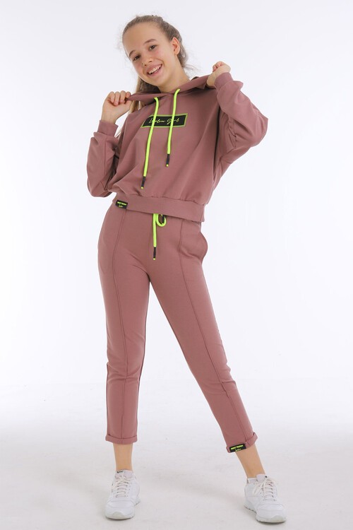 Kız Çocuk Girl Yazı Baskılı Kapşonlu Takım 14173