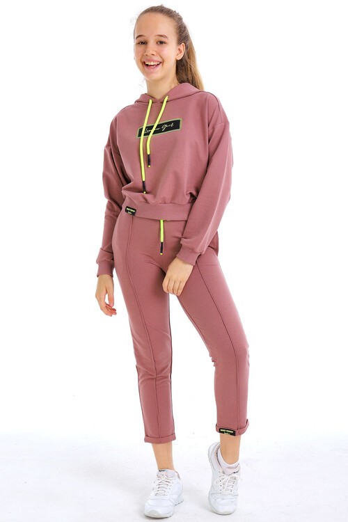 Kız Çocuk Girl Yazı Baskılı Kapşonlu Takım 14173