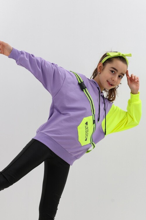 Kız Çocuk Göğüs Cepli Kapşonlu Sweatshirt 9-14 Yaş 14118