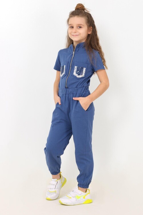 Kız Çocuk Göğüs Cepli Tulum 5-12 Yaş 14045