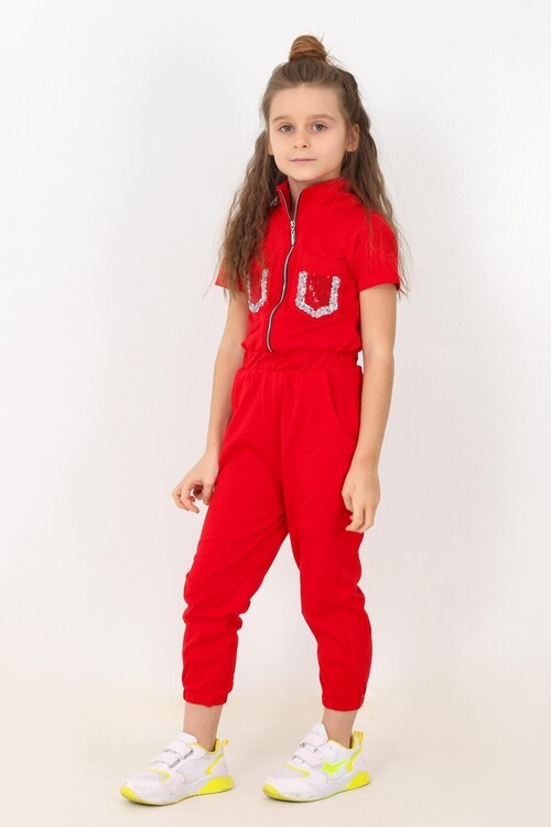 Kız Çocuk Göğüs Cepli Tulum 5-12 Yaş 14045