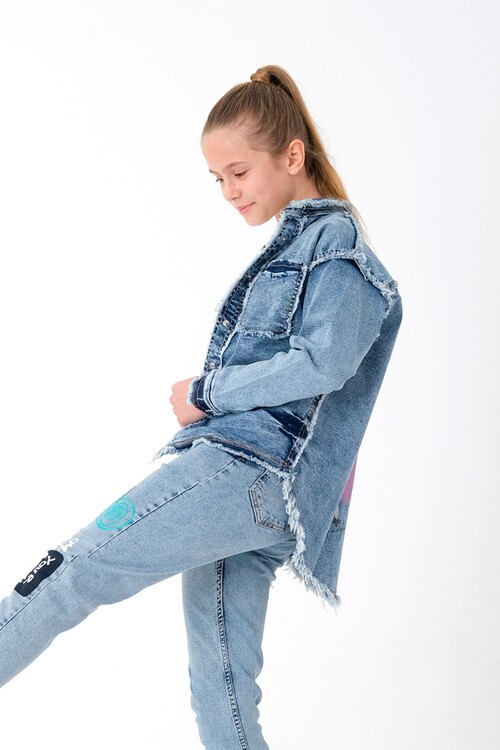 Kız Çocuk İndigo Püsküllü Jean Ceket 8-14 Yaş 13925