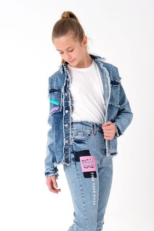 Kız Çocuk İndigo Püsküllü Jean Ceket 8-14 Yaş 13925