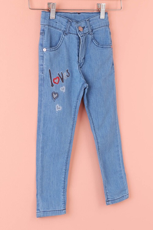 Kız Çocuk Kalp Nakışlı Jean Pantolon 2-12 Yaş 13882