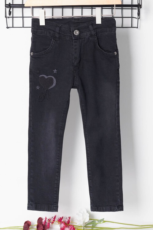 Kız Çocuk Kalp Nakışlı Ayarlanabilir Bel Jean Pantolon 13922