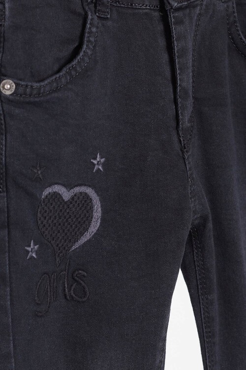 Kız Çocuk Kalp Nakışlı Ayarlanabilir Bel Jean Pantolon 13922