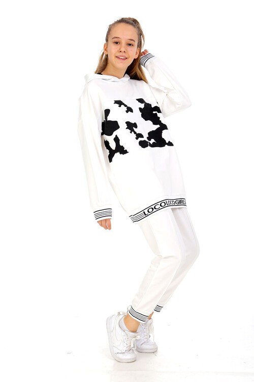 Kız Çocuk Şeritli Yazı Baskılı Eşofman Takımı 14039