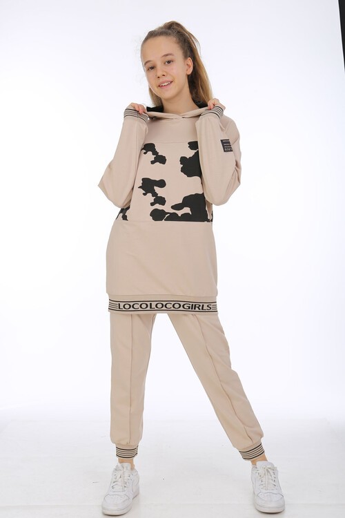 Kız Çocuk Kapşonlu Baskılı Sweatshirt Tunik Takım 14176