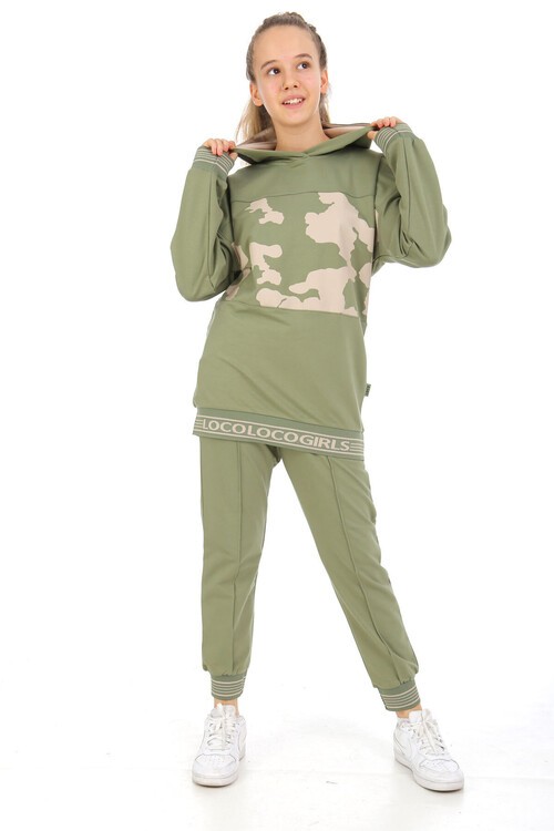 Kız Çocuk Kapşonlu Baskılı Sweatshirt Tunik Takım 14176