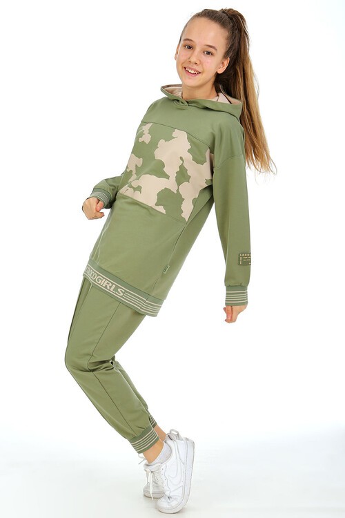 Kız Çocuk Kapşonlu Baskılı Sweatshirt Tunik Takım 14176