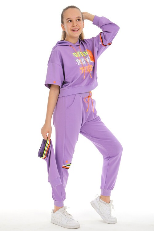 Kız Çocuk Kapşonlu Baskılı Takım 10-15 Yaş 14002