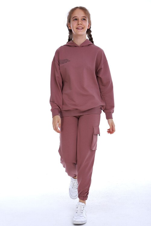 Kız Çocuk Kapşonlu Kargo Cepli Takım 10-5 Yaş 14169