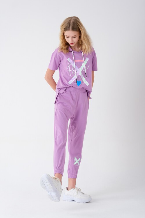 Kız Çocuk Kapüşonlu Kalp Baskılı Yazlık Takım 7-14 Yaş 13840