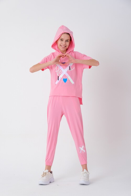 Kız Çocuk Kapüşonlu Kalp Baskılı Yazlık Takım 7-14 Yaş 13840