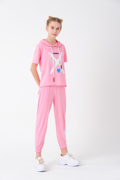 Kız Çocuk Kapüşonlu Kalp Baskılı Yazlık Takım 7-14 Yaş 13840