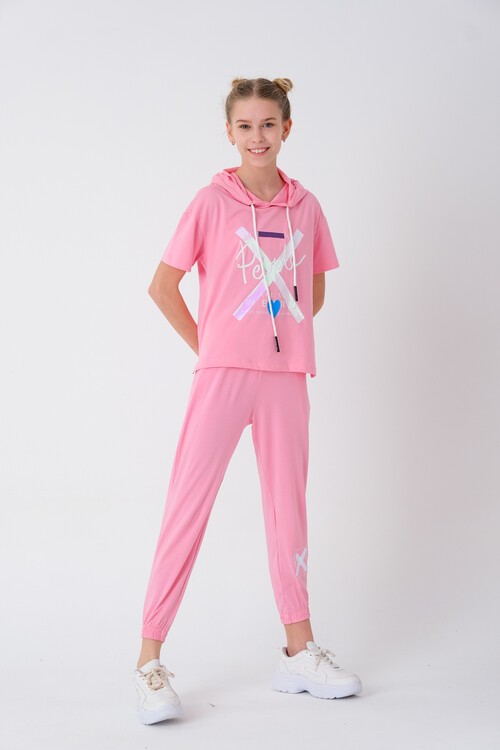 Kız Çocuk Kapüşonlu Kalp Baskılı Yazlık Takım 7-14 Yaş 13840