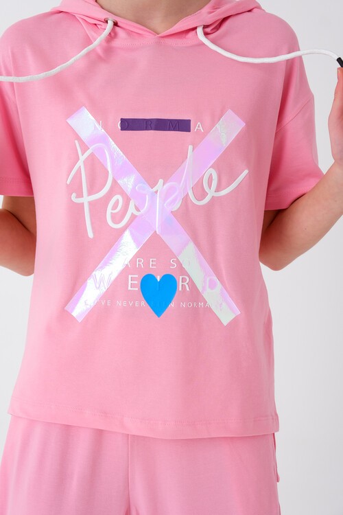 Kız Çocuk Kapüşonlu Kalp Baskılı Yazlık Takım 7-14 Yaş 13840