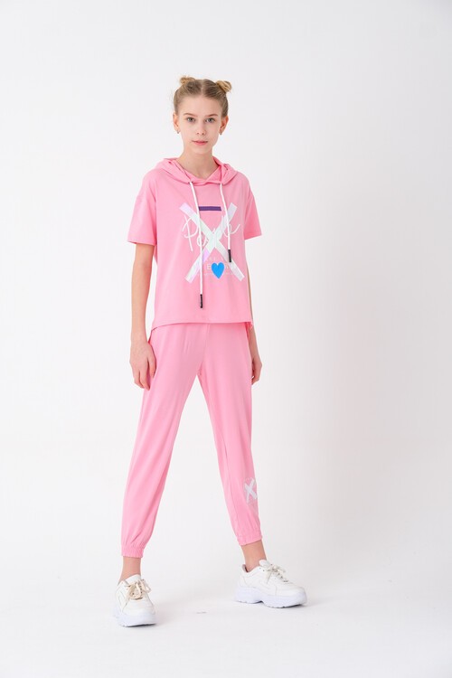 Kız Çocuk Kapüşonlu Kalp Baskılı Yazlık Takım 7-14 Yaş 13840