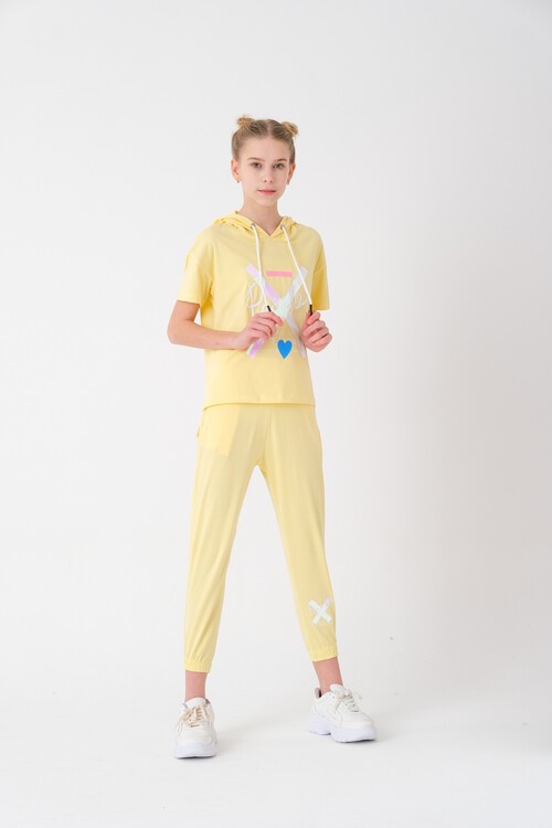 Kız Çocuk Kapüşonlu Kalp Baskılı Yazlık Takım 7-14 Yaş 13840