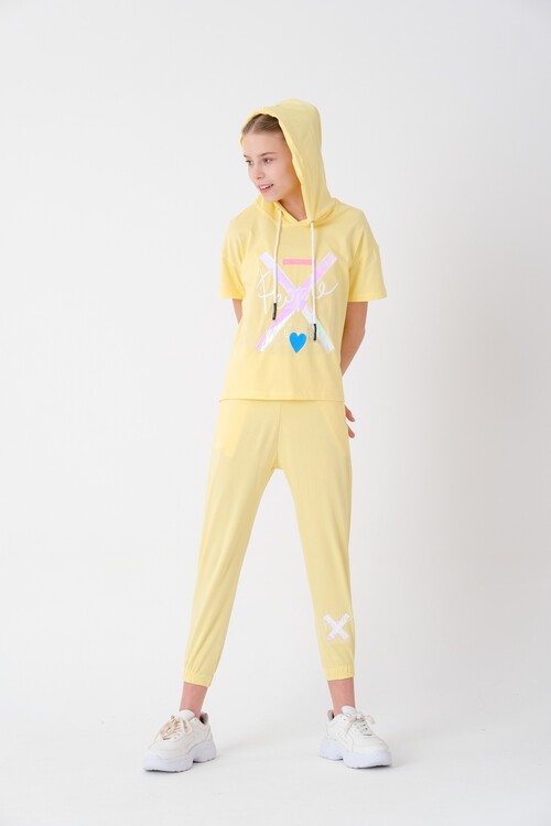 Kız Çocuk Kapüşonlu Kalp Baskılı Yazlık Takım 7-14 Yaş 13840