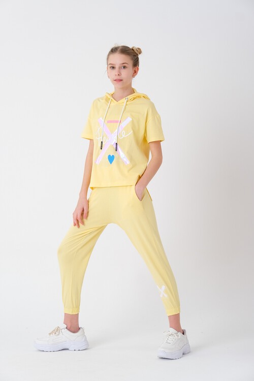 Kız Çocuk Kapüşonlu Kalp Baskılı Yazlık Takım 7-14 Yaş 13840