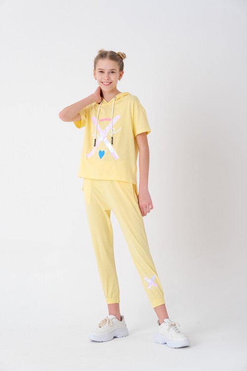 Kız Çocuk Kapüşonlu Kalp Baskılı Yazlık Takım 7-14 Yaş 13840