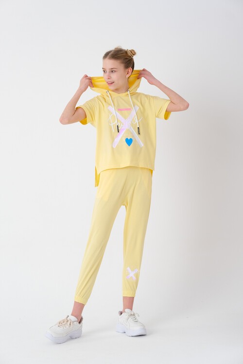 Kız Çocuk Kapüşonlu Kalp Baskılı Yazlık Takım 7-14 Yaş 13840