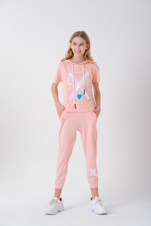 Kız Çocuk Kapüşonlu Kalp Baskılı Yazlık Takım 7-14 Yaş 13840