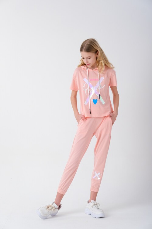 Kız Çocuk Kapüşonlu Kalp Baskılı Yazlık Takım 7-14 Yaş 13840