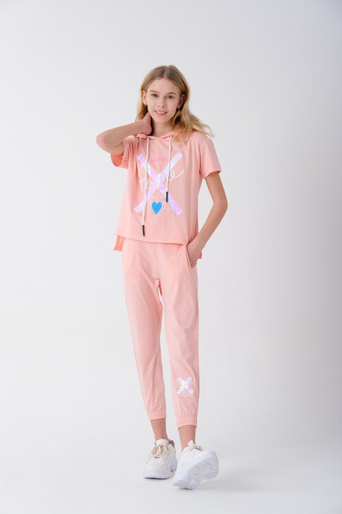 Kız Çocuk Kapüşonlu Kalp Baskılı Yazlık Takım 7-14 Yaş 13840