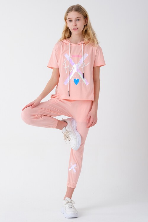 Kız Çocuk Kapüşonlu Kalp Baskılı Yazlık Takım 7-14 Yaş 13840