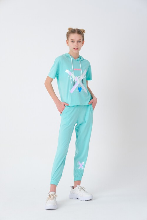 Kız Çocuk Kapüşonlu Kalp Baskılı Yazlık Takım 7-14 Yaş 13840