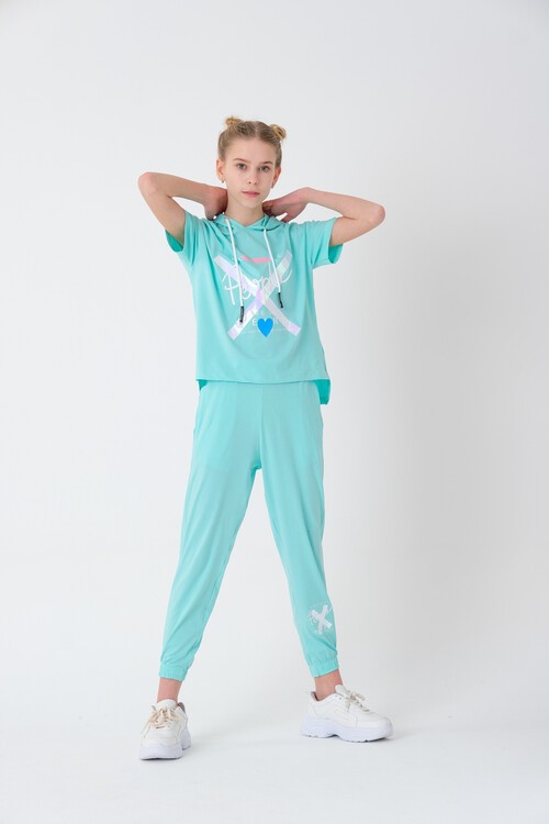 Kız Çocuk Kapüşonlu Kalp Baskılı Yazlık Takım 7-14 Yaş 13840