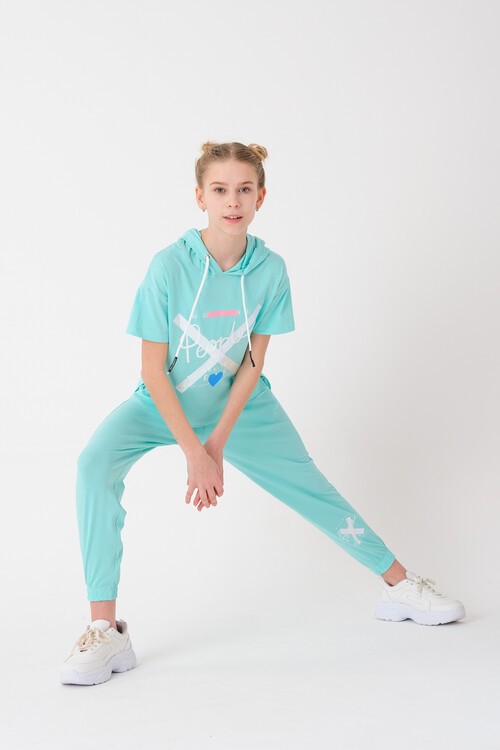 Kız Çocuk Kapüşonlu Kalp Baskılı Yazlık Takım 7-14 Yaş 13840