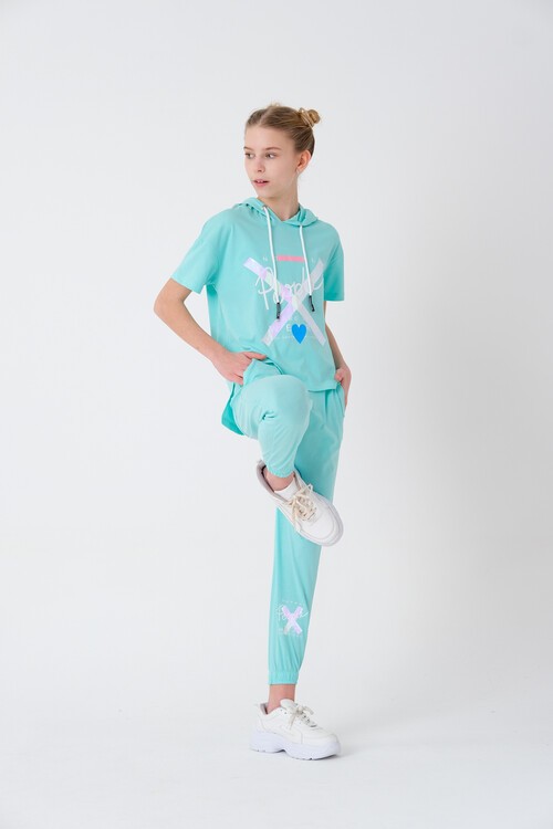 Kız Çocuk Kapüşonlu Kalp Baskılı Yazlık Takım 7-14 Yaş 13840