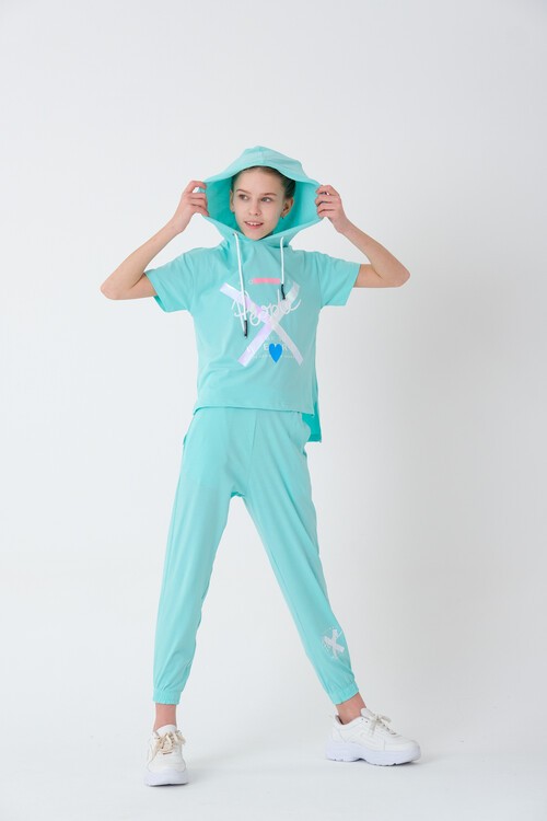 Kız Çocuk Kapüşonlu Kalp Baskılı Yazlık Takım 7-14 Yaş 13840