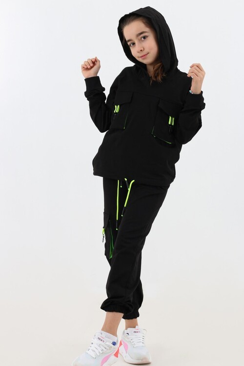 Kız Çocuk Kargo Cepli Kapşonlu Takım 9-14 Yaş 14187