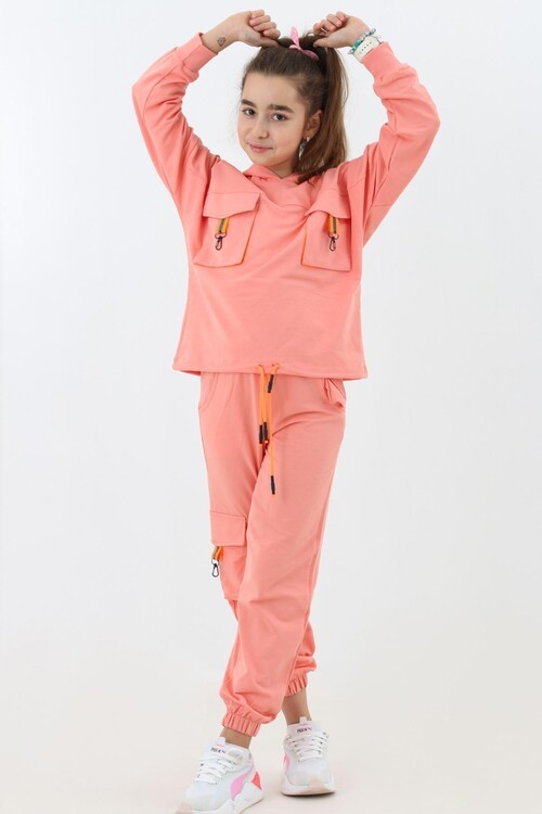 Kız Çocuk Kargo Cepli Kapşonlu Takım 9-14 Yaş 14187