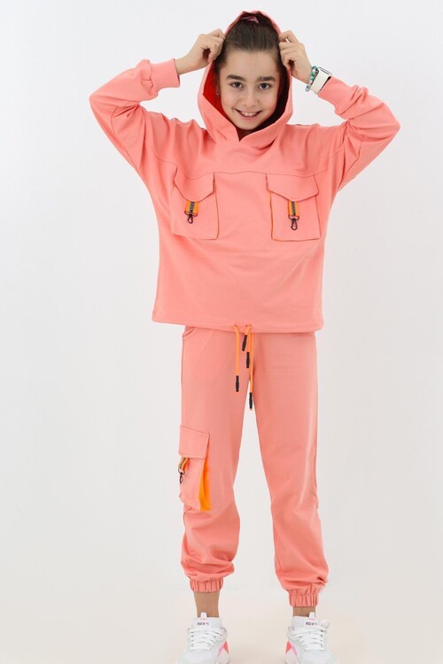 Kız Çocuk Kargo Cepli Kapşonlu Takım 9-14 Yaş 14187