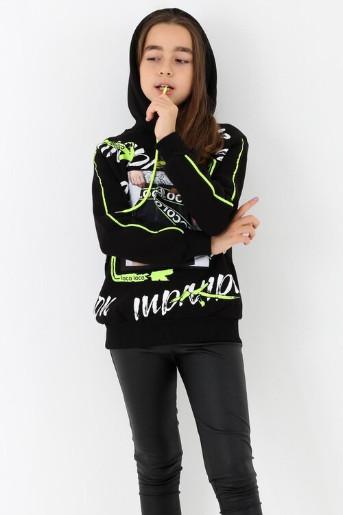 Kız Çocuk Kemer Detaylı Baskılı Kapşonlu Sweatshirt 14134