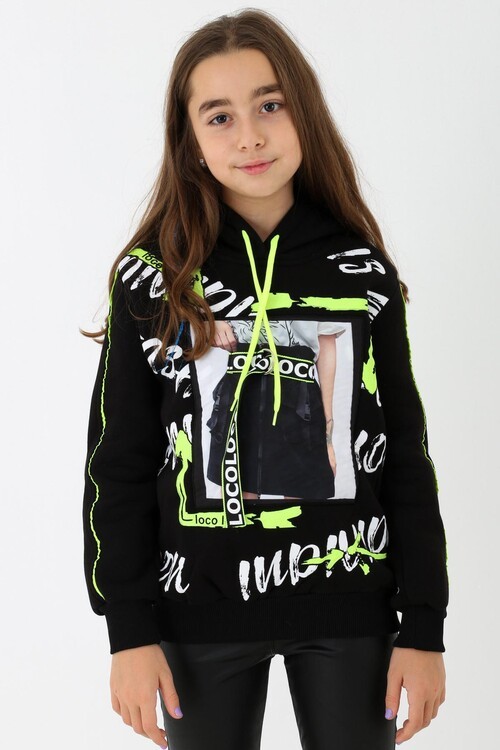 Kız Çocuk Kemer Detaylı Baskılı Kapşonlu Sweatshirt 14134