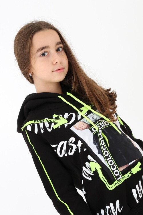 Kız Çocuk Kemer Detaylı Baskılı Kapşonlu Sweatshirt 14134