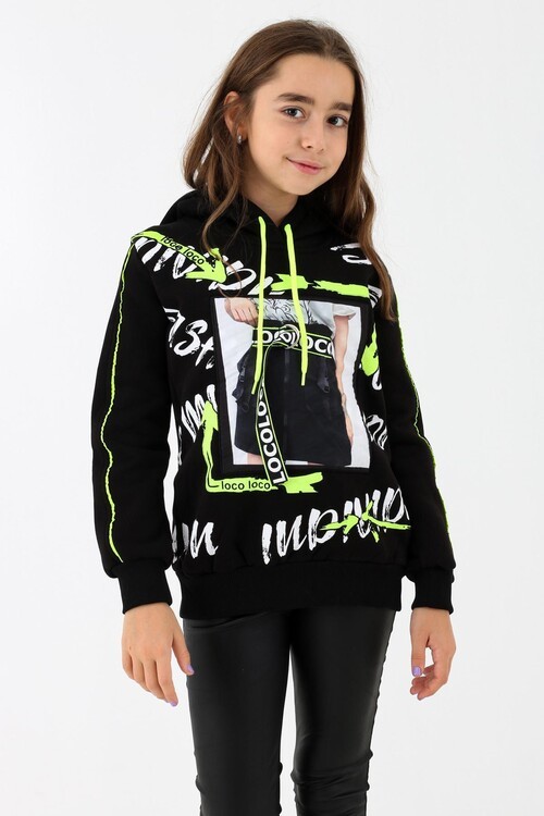 Kız Çocuk Kemer Detaylı Baskılı Kapşonlu Sweatshirt 14134